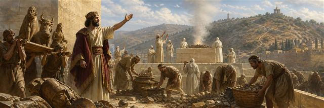 King Asa directing the removal of idols while priests restore the altar